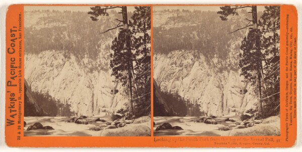 Carleton Watkins, Looking up the South Fork from the top of the Vernal Fall, Yosemite Valley, Mariposa County, Cal.
