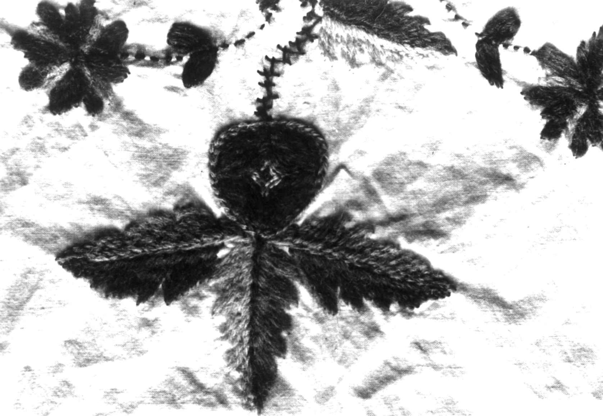 Anna Grostøl, Dølemo Åmli, Aust-Agder 1940. Detalj av broderi på forkle av hvitt bommullstøy.