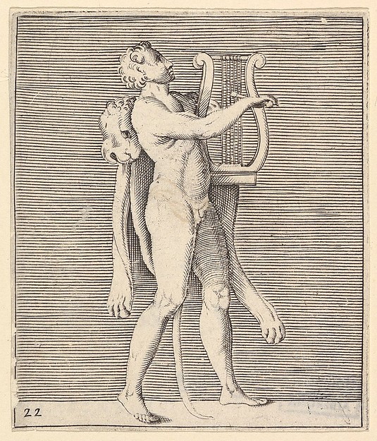 Anonymous, Italian, 16th century, Hercules playing a lyre, a lionskin draped over his shoulder, from "Ex Antiquis Cameorum et Gemmae Delineata/ Liber Secundus/et ab Enea Vico Parmen Incis"