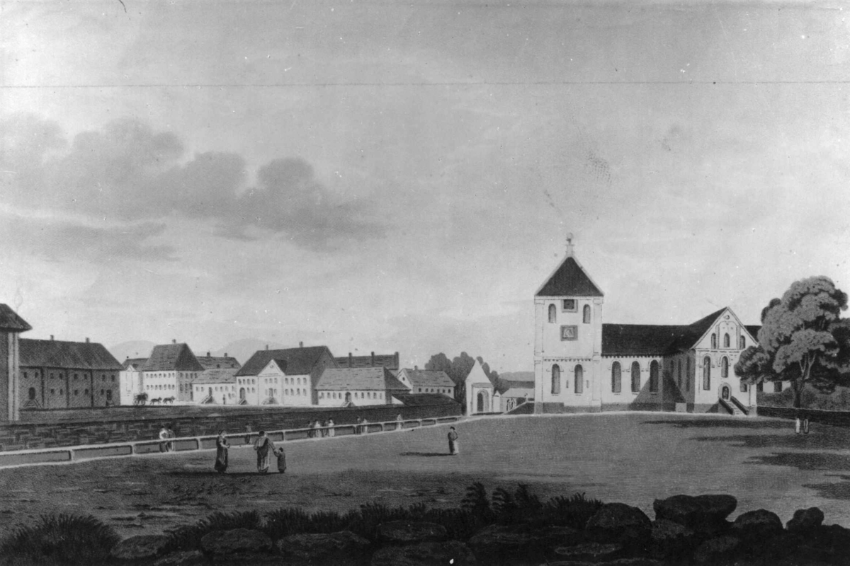 Ukjent, Stortorvet, Oslo 1800. Avfotografert tegning av Joh. William Edy. Domkirken, toget og bebyggelse.