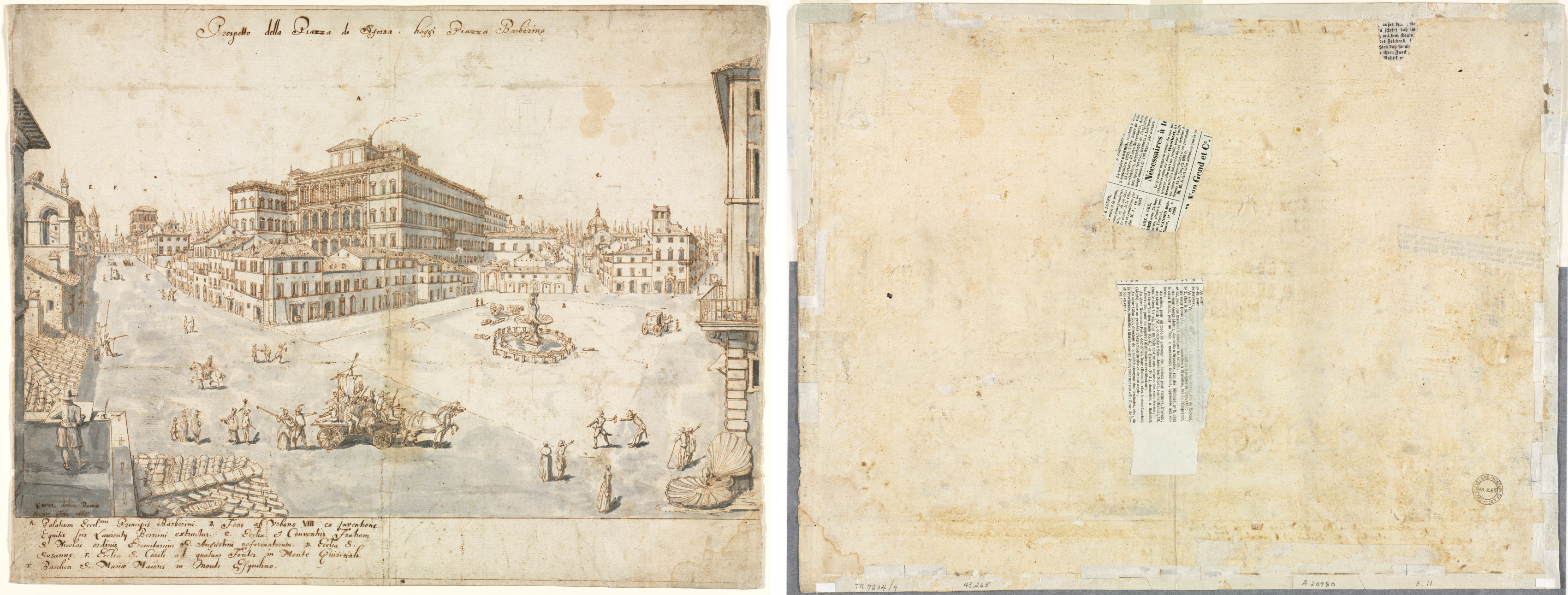 Lievin Cruyl, Eighteen Views of Rome: The Piazza Barberini (recto); Tracing of a Fountain from recto and Sketches of Two Faces (verso)