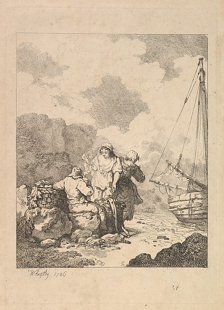 Thomas Rowlandson, Fishermen by the Shore – Coastal Scene with a Man Sitting on Rocks and Smoking a Pipe, Next to a Standing Young Woman, with a Second Woman Behind