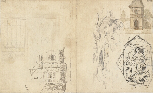 Dankvart Dreyer, Forskellige udkast, bl.a. en kvindefigur, symboliserende troen?, tronende på en drage, et landskab, bygninger m.m.