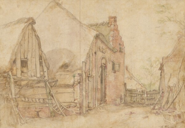 Abraham Bloemaert, View of a Farm Courtyard (recto); Study of a Tree (verso)