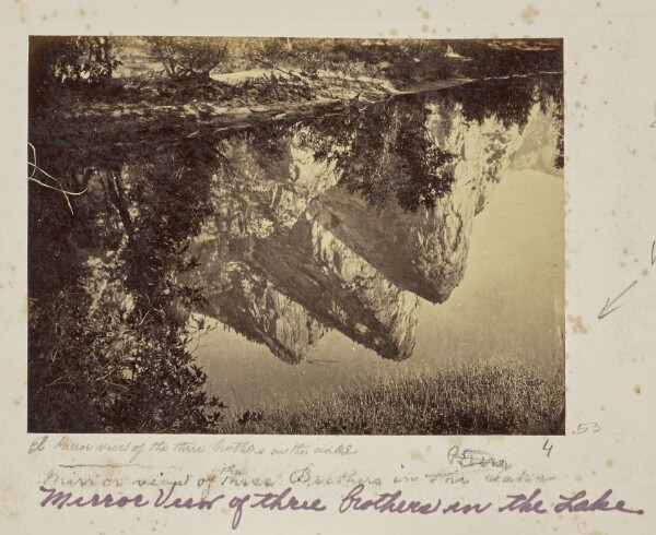 Carleton Watkins, Mirror View of Pompompasos - the Three Brothers - Yosemite Valley, Mariposa County, CAL.