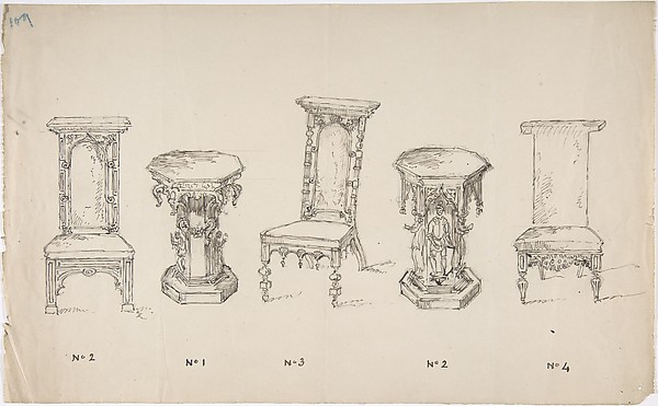 Anonymous, British, 19th century, Design for Three Low Chairs and Two Pedestal Tables