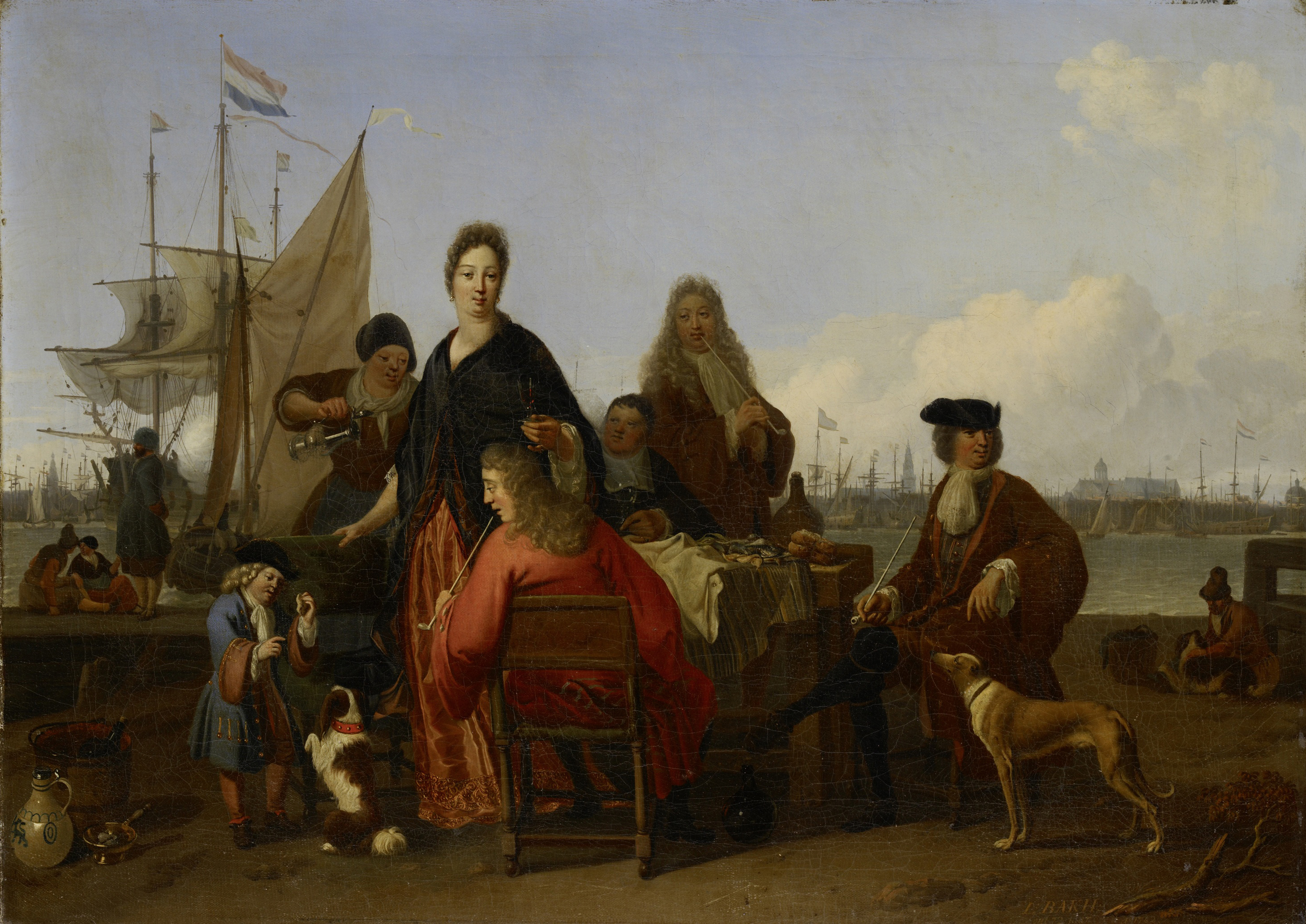 Ludolf Bakhuizen, The Backhuysen and de Hooghe families dining at the Mosselsteiger (mussel pier) on the Y, Amsterdam