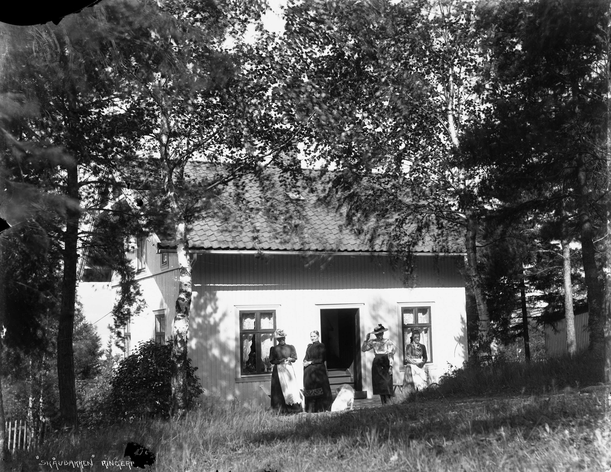 Marthinius Skøien, Fire kvinner i hagen foran bolighus, Skåvbakken (Skogbakken) på Ringerike, Buskerud.