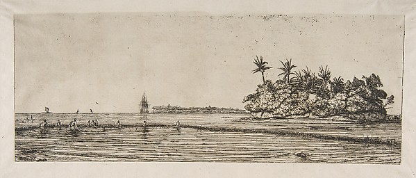 Charles Meryon, Océanie: Îlots à Uvea (Wallis): Pêche aux Palmes, 1845 (Oceania: Fishing, near islands with palms in the Uea or Wallis Group, 1845), from "The Voyage to New Zealand (1842–46)"