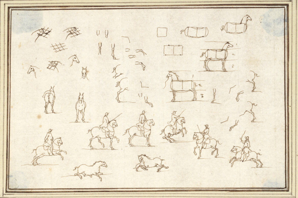 AlbertFlamen, Studienblatt mit Proportions- und Bewegungsstudien für Pferdedarstellungen (V-23)