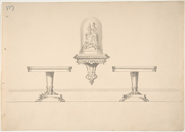 Anonymous, British, 19th century, Design for Two Round Pedestal Tables and Rococo-style Carved Shelf Supporting a Clock under Glass