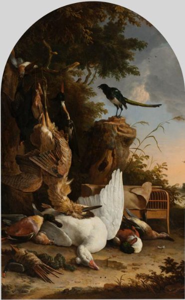 Melchior d' Hondecoeter, A Hunter’s Bag near a Tree Stump with a Magpie, Known as ‘The Contemplative Magpie’