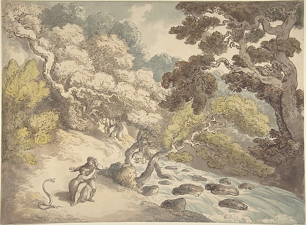 Thomas Rowlandson, Landscape with rushing stream and a couple on the bank, frightened by a snake