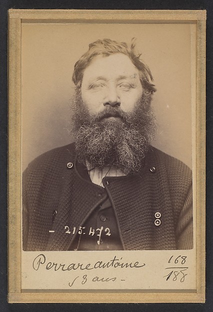 Alphonse Bertillon, Perrare. Antoine. 53 ans, né à St Diaur (Rhône). Mécanicien. Anarchiste. 10/3/94.