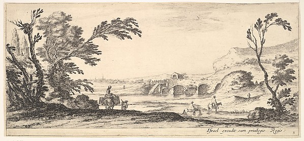 Stefano della Bella, Plate 3: two horsemen crossing a river to right, a woman with two baskets atop a donkey to left, trees to the left and right, a bridge in the background, from "Various Landscapes" (Divers Paysages)