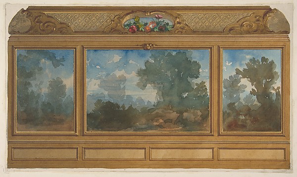 Jules-Edmond-Charles Lachaise, Elevation of a paneled interior decorated with painted landscapes and coves with cartouches and flowers