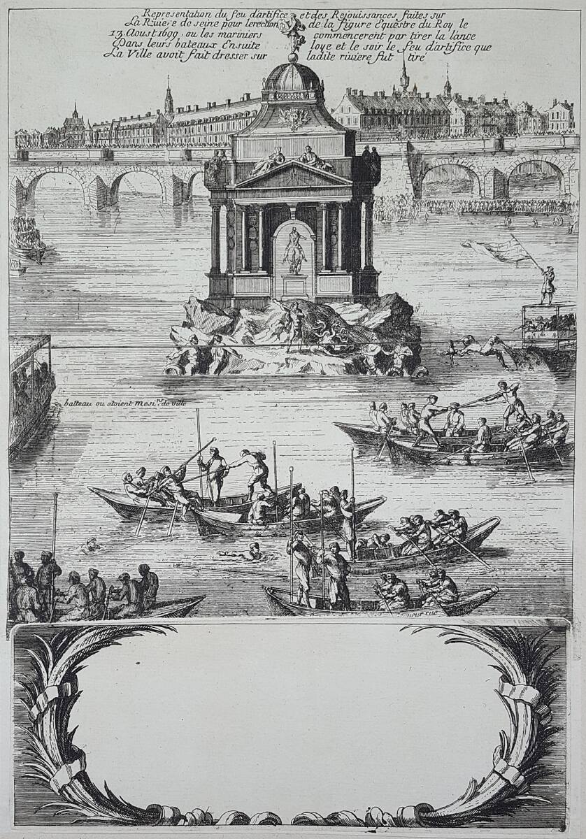 Anonym, Schifferstechen vor dem Feuerwerksgerüst (Ruhmestempel mit dem Reiter-Monument König Ludwigs XIV.) auf der Seine in Paris am 13. August 1699