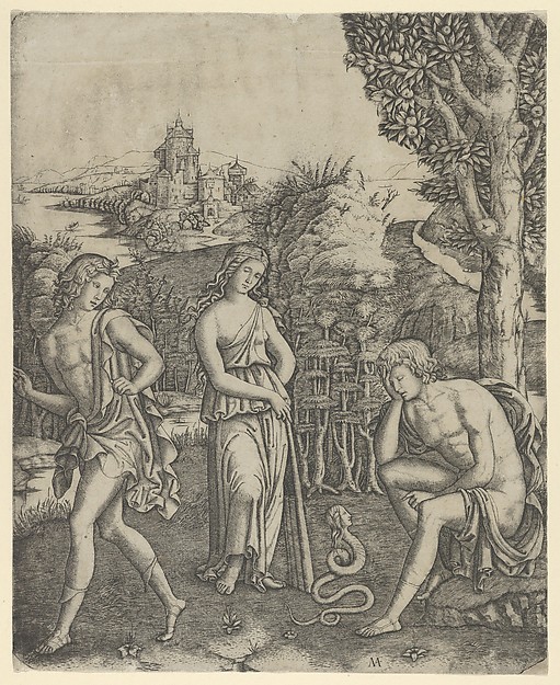 Marcantonio Raimondi, A young man sitting at right resting his head in his hand, a snake with a womans head before him, a young woman holding a  pan pipes standing in the centre and a young man leaving at left
