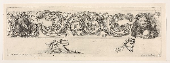 Stefano della Bella, Design for a Frieze with Acanthus Scrolls and Two Small Figural Motifs Below, plate 15 from "Decorative friezes and foliage" (Ornamenti di fregi e fogliami)