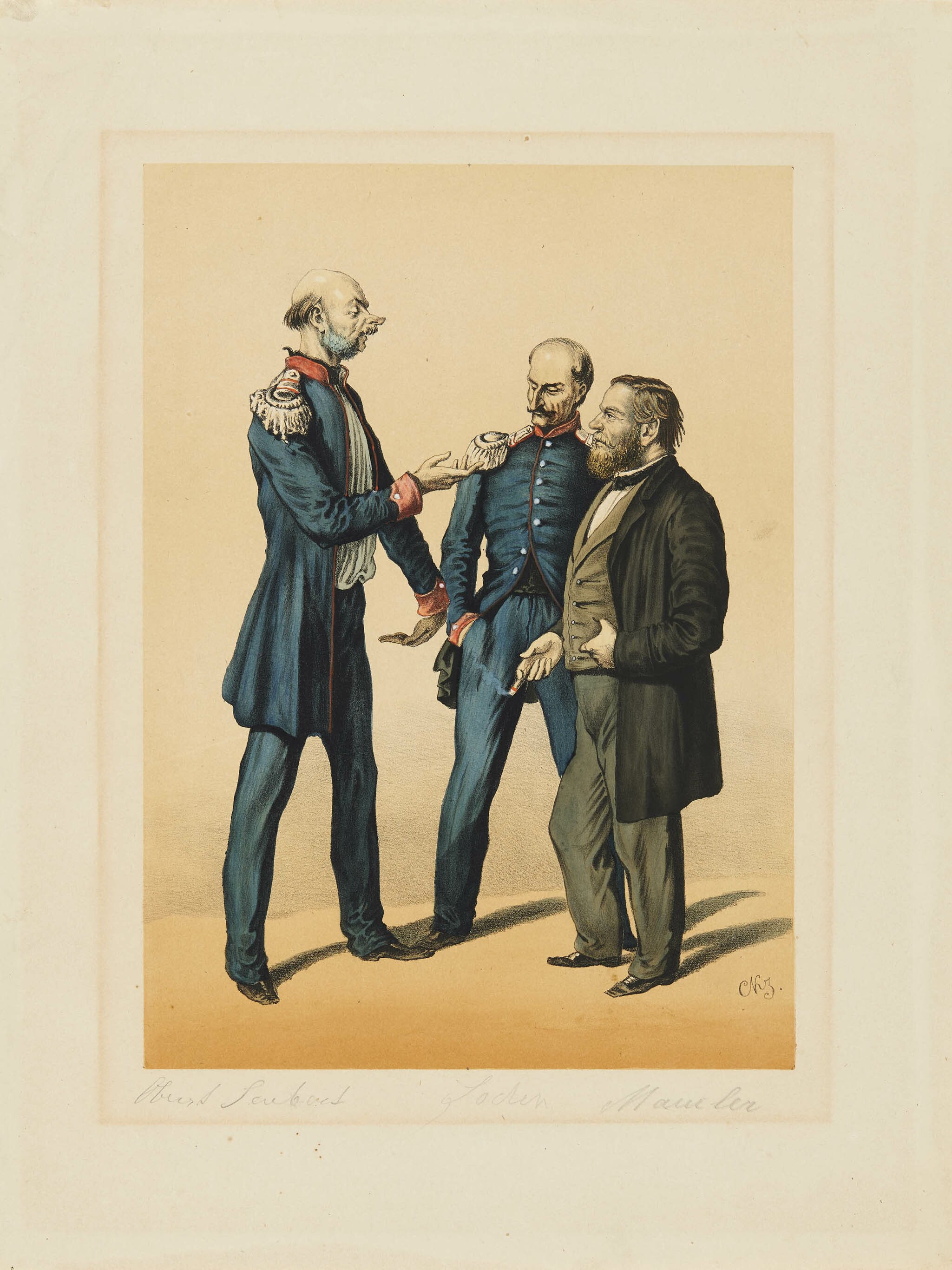 Carl von Kurtz, Karikaturen bekannter Stuttgarter Persönlichkeiten. Adolf von Seubert, Alfred Karl August von Soden und Eugen von Maucler