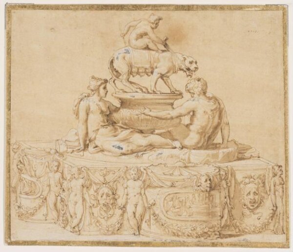 Francesco Salviati, Design for a casket, with two semi-nude mythological figures reclining on the lid and a putto riding on a lioness