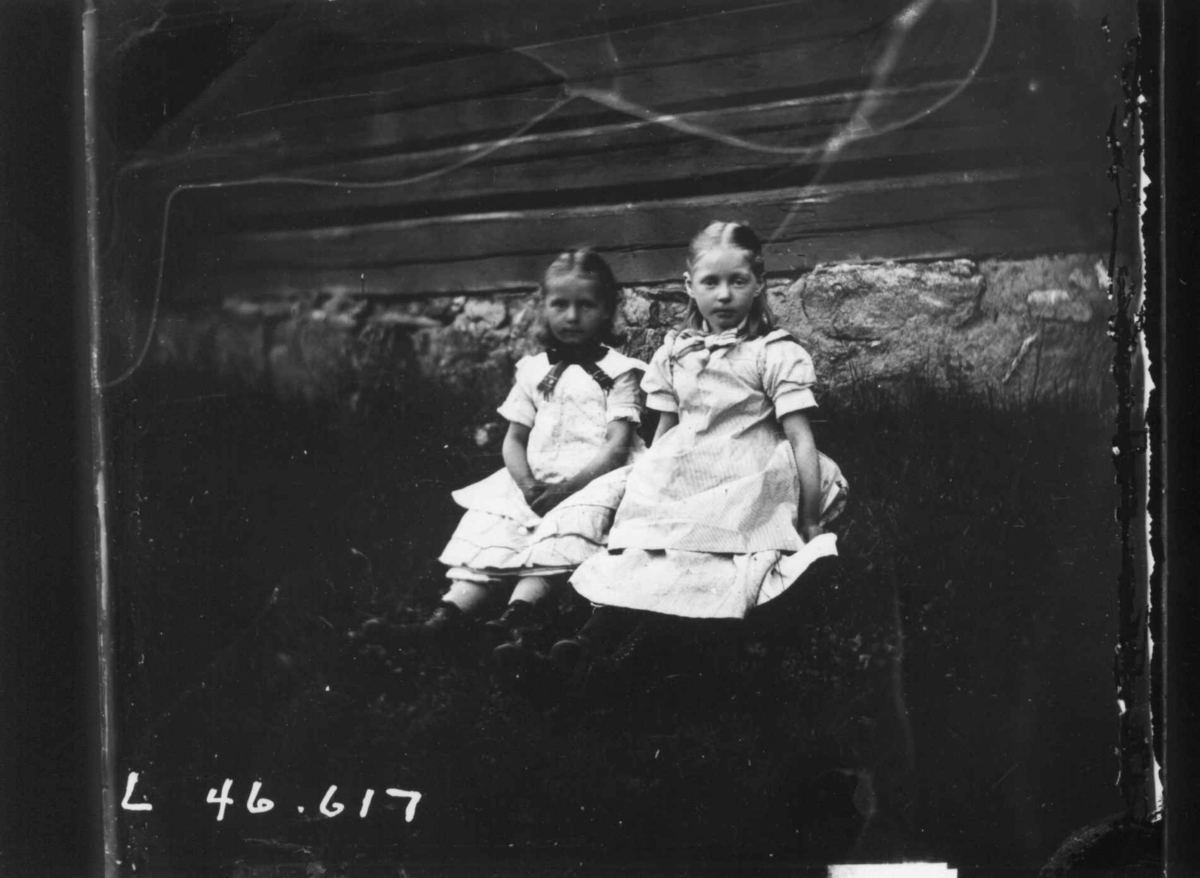Fredrik Emil Faye, Dobbeltportrett, 2 piker fotografert utendørs. Fra portrettserie av personer som bodde på eller besøkte Dal gd., Ullensaker, fotografert av gårdens eier, kammerherre Fred. Emil Faye (1844-1903) i årene 1875-1900.