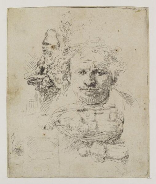 Rembrandt van Rijn, Sheet of studies with the head of the artist, a beggar man and a woman and child