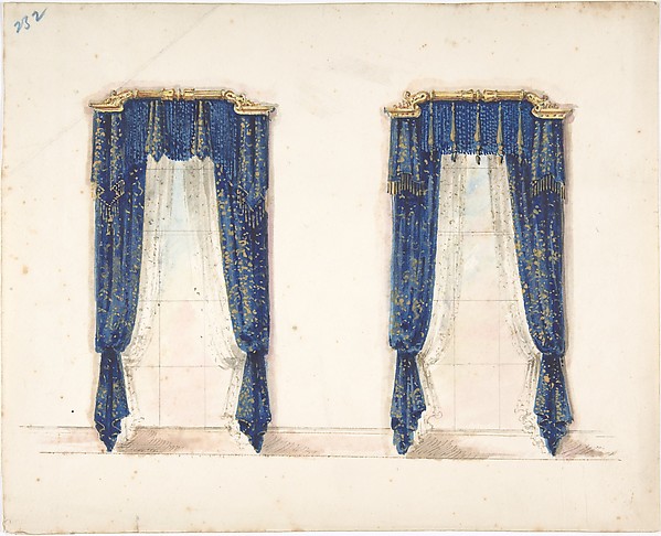 Anonymous, British, 19th century, Design for Blue and Gold Curtains with Gold Fringes and a Gold Pediment