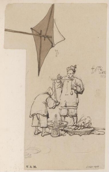 George Chinnery, A Chinese vendor weighing his produce, and a sunshade