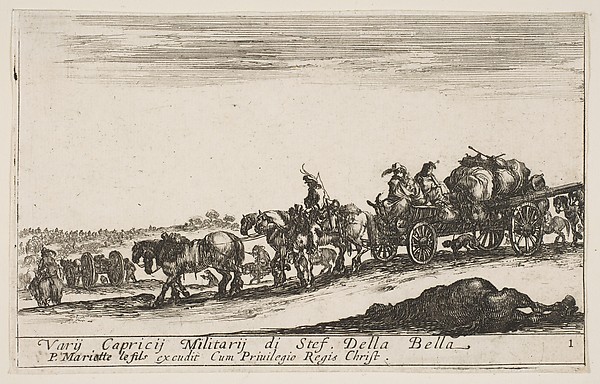 Stefano della Bella, A horse drawn cart carrying people and goods, dead horse in the foreground, plate 1 from "Various Military Caprices" (Varii capricci militari)