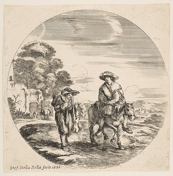 Stefano della Bella, Landscape with Two Peasants, One Riding a Horse, from "Landscapes and seaports" (Paysages et ports de mer, dans des ronds)
