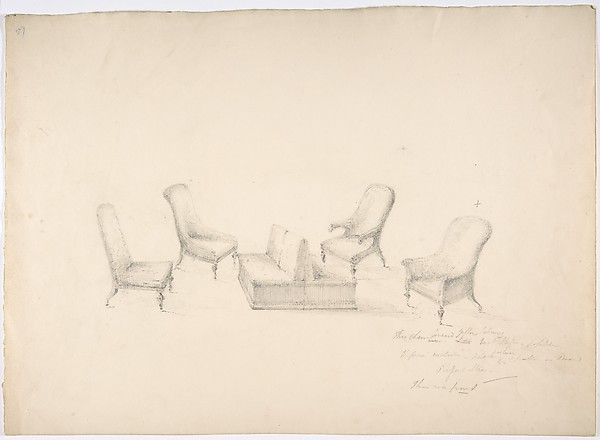 Anonymous, British, 19th century, Design for a Suite of Furniture, A Double-sided Sofa, Two Chairs and Two Armchairs (Verso: sketch for shelves and a mirror)