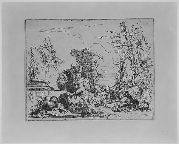 Giovanni Battista Tiepolo, Chained Woman and Other Figures Regarding a Pyre of Bones, from the "Capricci"