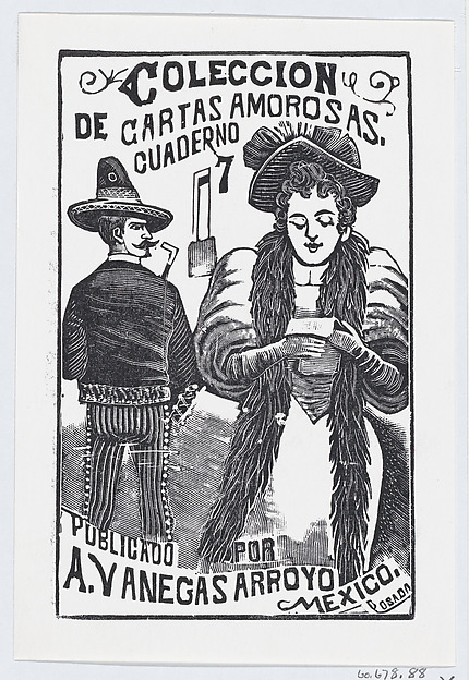 José Guadalupe Posada, A woman reading a note while a man in the background looks over his shoulder at her, illustration for 'Coleccion de Cartas Amorosas Cuaderno No. 7'