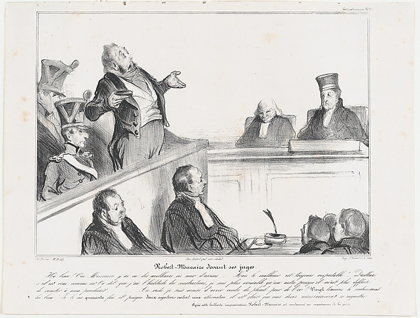 Honoré Daumier, Plate 30: Robert Macaire before his judges, from 'Caricaturana,' published in Les Robert Macaires
