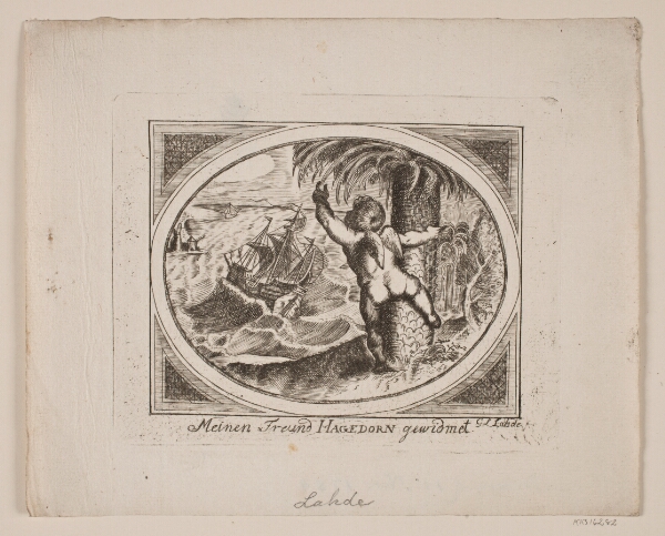 Gerhard Ludvig Lahde, Amor ved et Palmetræ, pegende udover et oprørt hav.