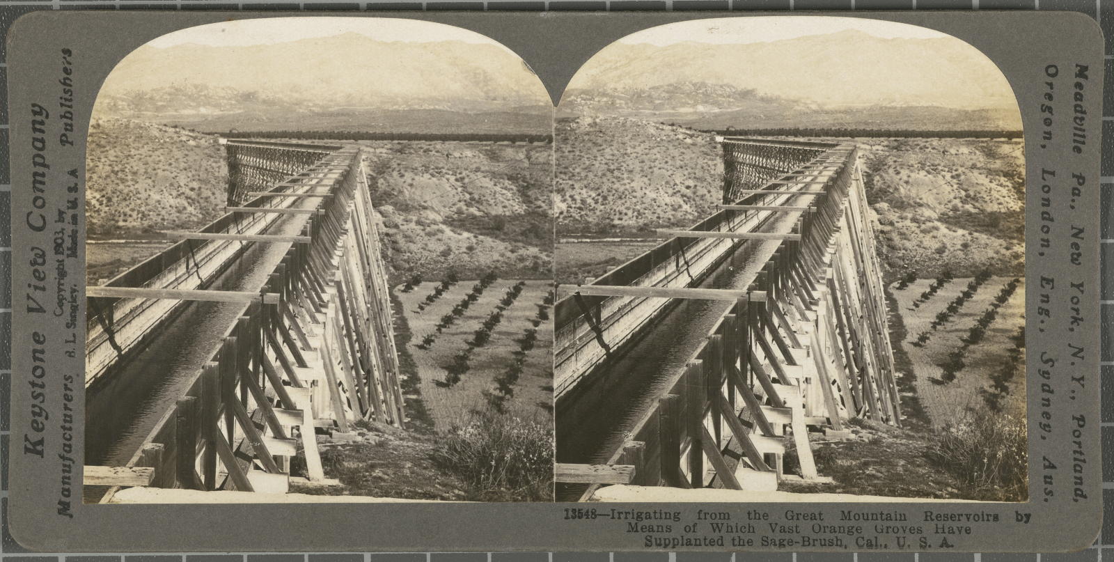 Desconegut, Irrigating from the Great Mountain Reservoirs by means of which vast orange groves have supplanted the sage-brush,cal.U.S.A. Keystone View Company