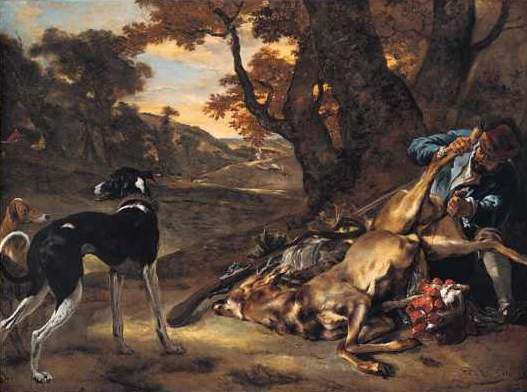 Jan Baptist Weenix, A Huntsman cutting up a Dead Deer, with Two Deerhounds