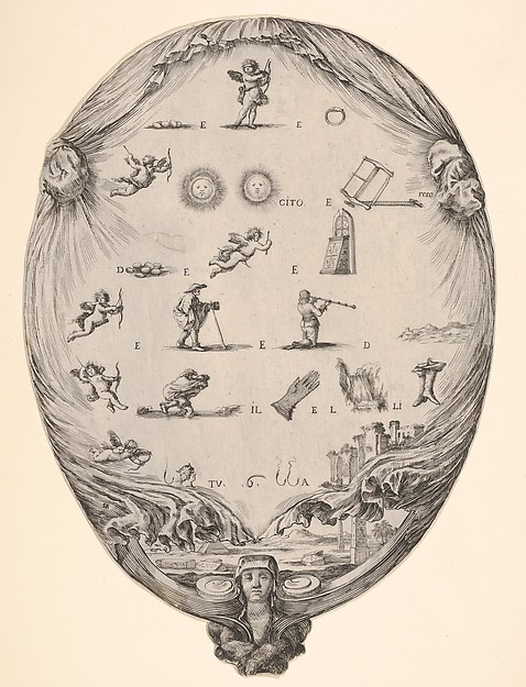 Stefano della Bella, Rébus on the subject of love, a riddle depicted on drapery, below a landscape with a pyramid and two obelisks, a bust of a sphinx at bottom