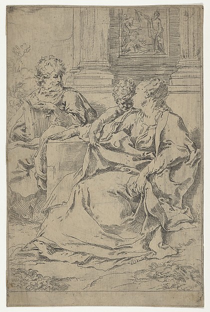 Guido Reni, The Holy Family seated together in front of a collonade, Saint Joseph reading and the young Christ grasping the Virgin's drapery