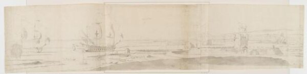 Willem van de Velde the elder, Topographical sketch of the fortified harbour at Portsmouth, with men-of-war in the sound
