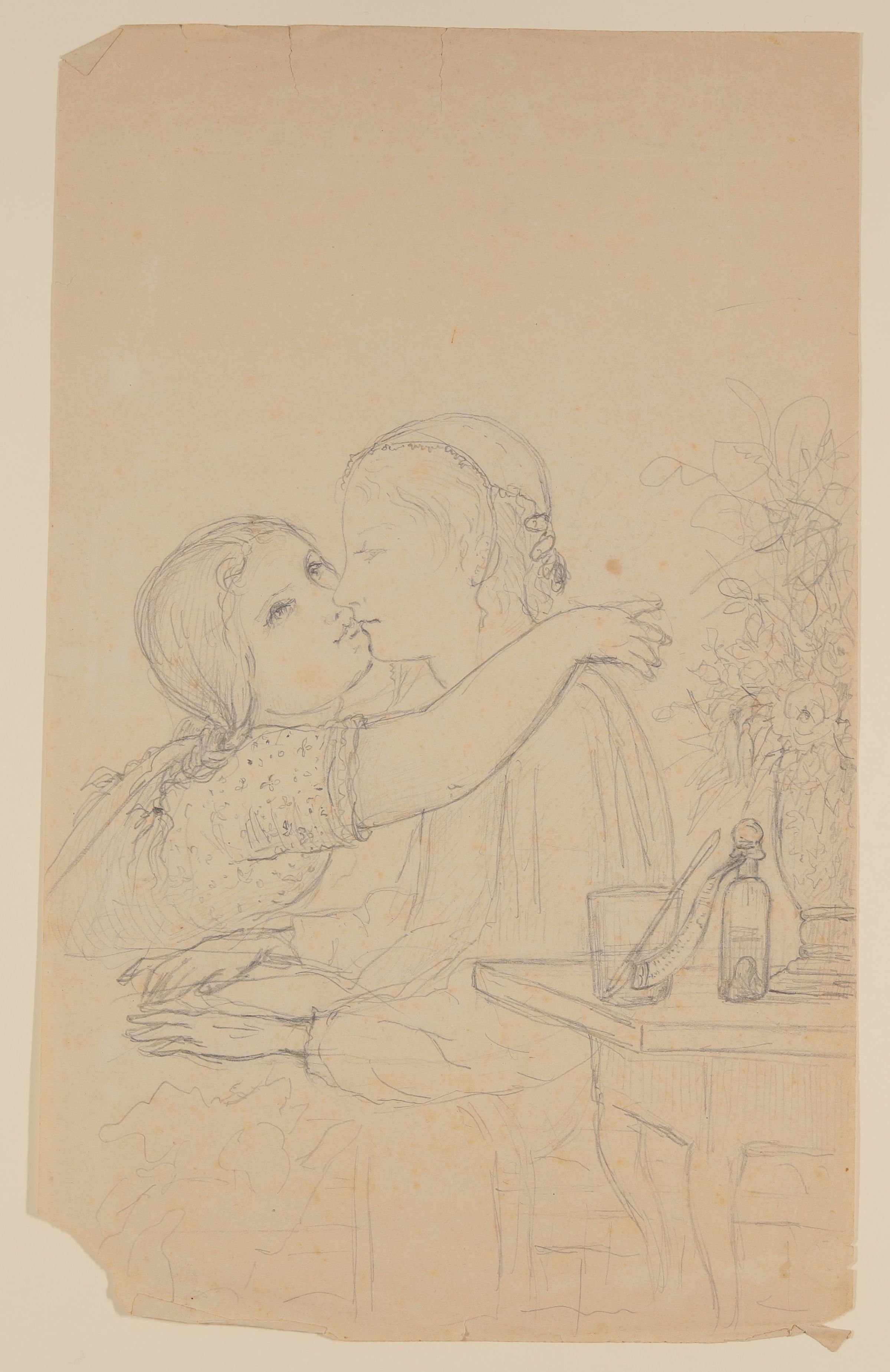 Gisela von Arnim, Mädchen, eine sitzende Frau umarmend [aus einer Mappe mit Skizzenblättern von Gisela von Arnim und Herman Grimm]