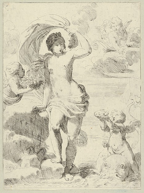 Anonymous, Venus stepping out of the sea, holding a billowing drapery in her left hand, Cupid at right offering pearls while riding a dolphin and a putto at left offering flowers, another in the clouds