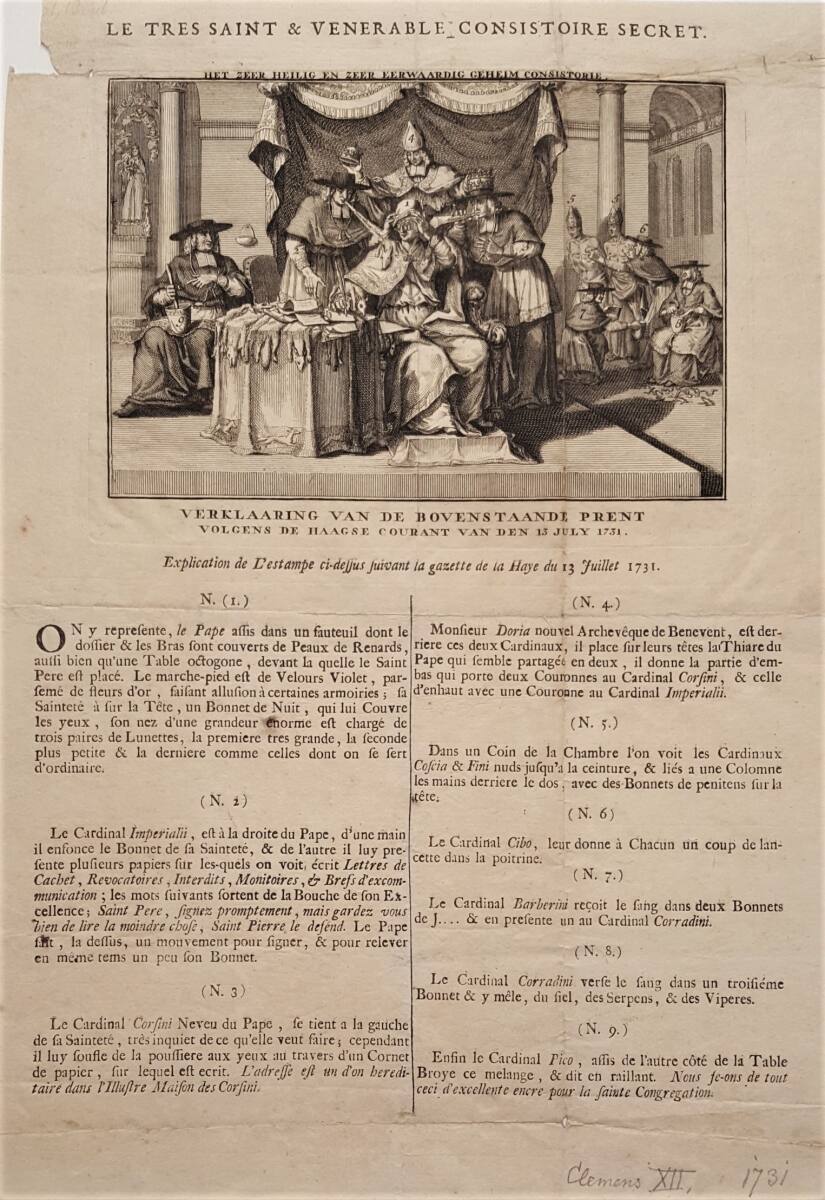 Anonym, Satirisches Blatt auf die Geheimen Räte des neuen Papstes (Clemens XII.) und die Ermittlung gegen die Berater des alten Papstes (Benedikt XIII.)