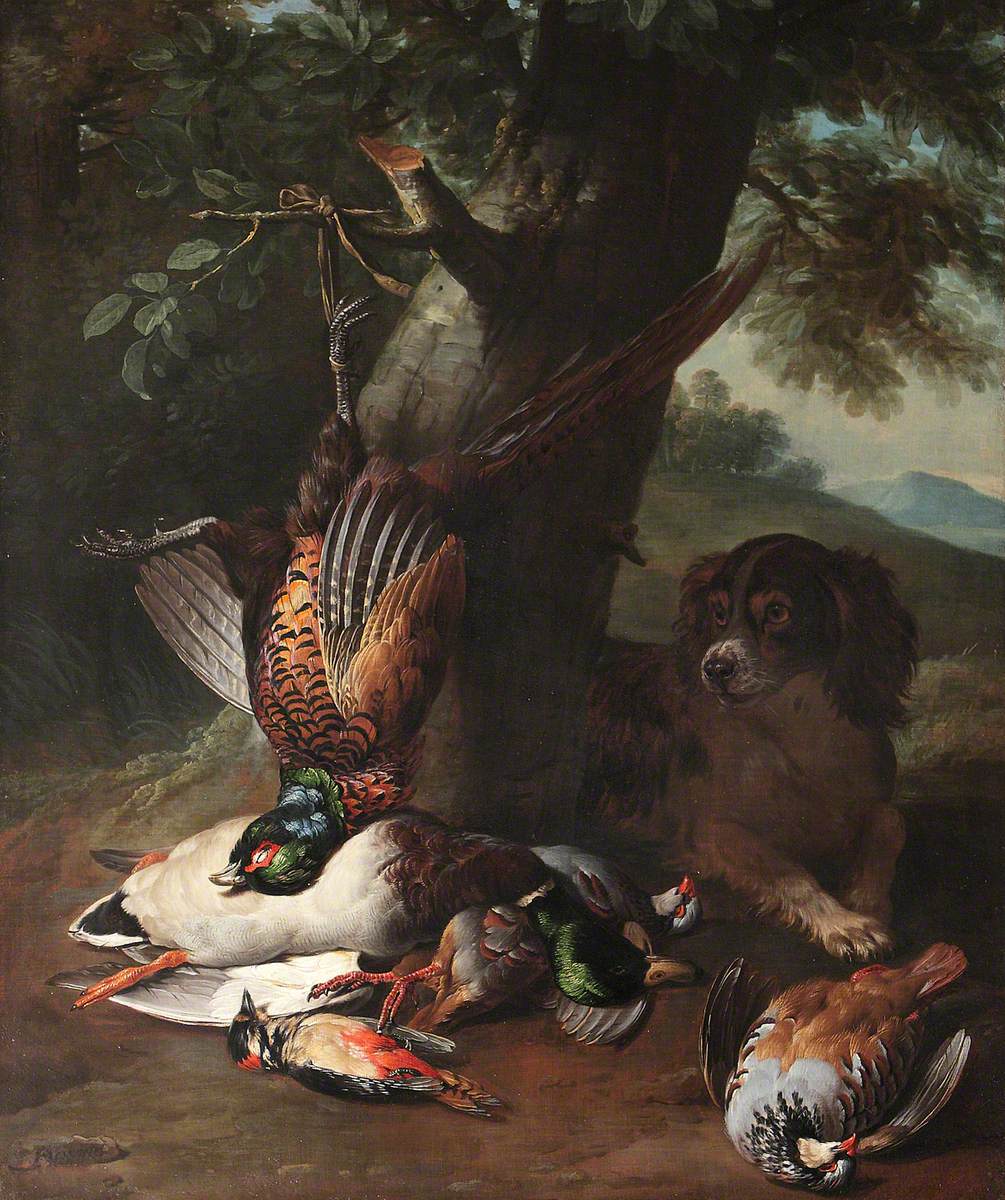 Alexandre-François Desportes, A Spaniel with Dead Game in a Landscape