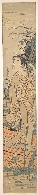Isoda Koryūsai, Young Woman Poling Herself in a Boat among Pond Lilies