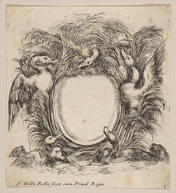 Stefano della Bella, Cartouche Framed by Ducks and Weeds