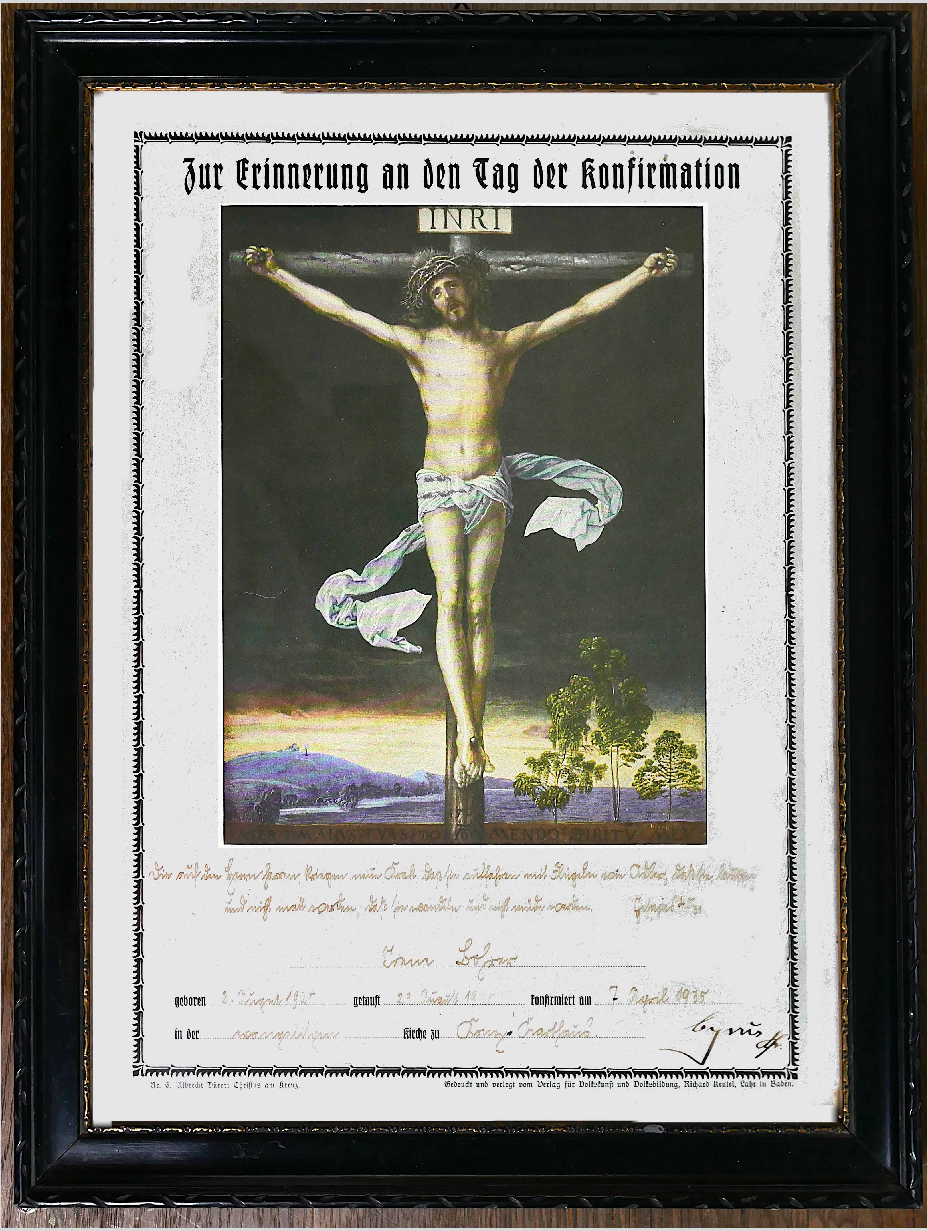 Albrecht Dürer, Konfirmationsurkunde aus Konz-Karthaus - Christus am Kreuz
