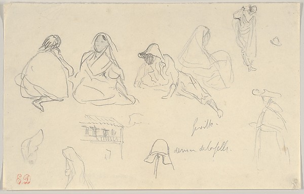 Eugène Delacroix, Sketches of Figures and a Tile-Roofed Building, Seville, Spain