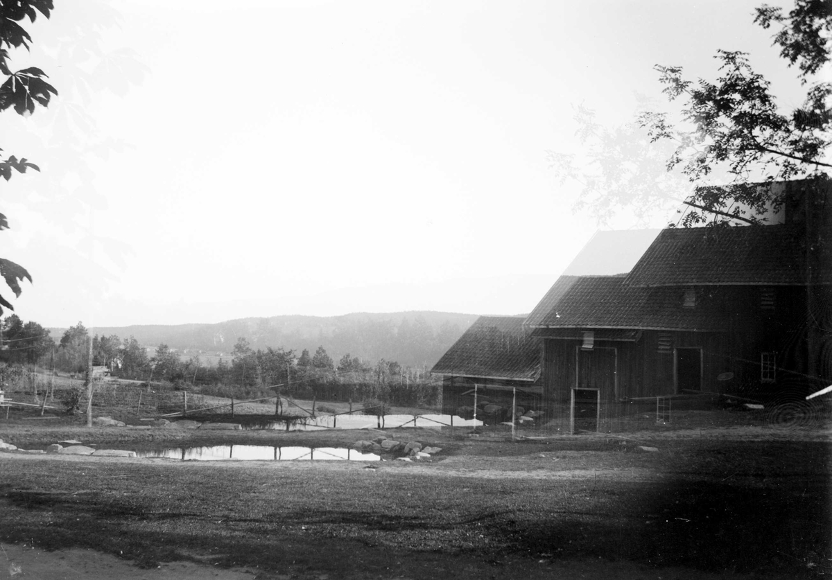 Juliane Fredrikke Langberg, Gårdstun, ant. på Hurum prestegård, med driftsbygninger i bakgrunnen. Inngjerdet vanningsplass. Dobbelteksponert. Fra malerinne Juliane Fredrikke Langbergs (1856-1930) samling, tatt ca.1895-1910 med motivkrets slekt og venner samt steder tilknyttet samvær med disse.